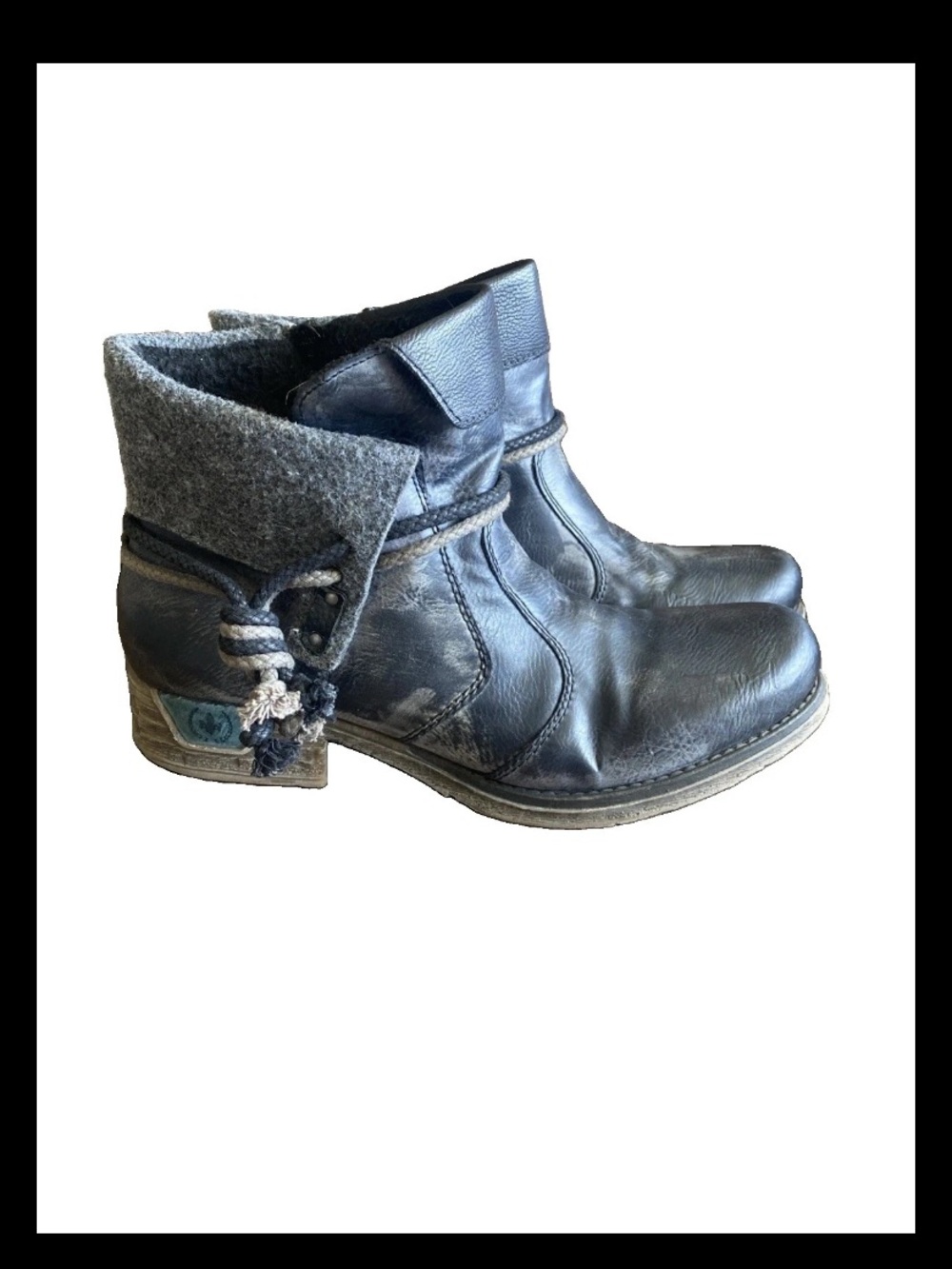 Rieker Women’s Black Leather Ankle Boots EU 41 US 8.5 Felt Cuff Booties